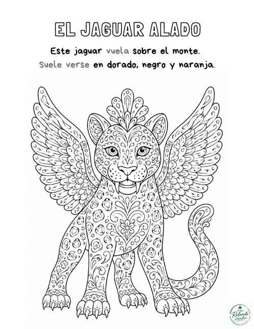 This month's free colouring page — El Jaguar Alado, from the book Los Alebrijes